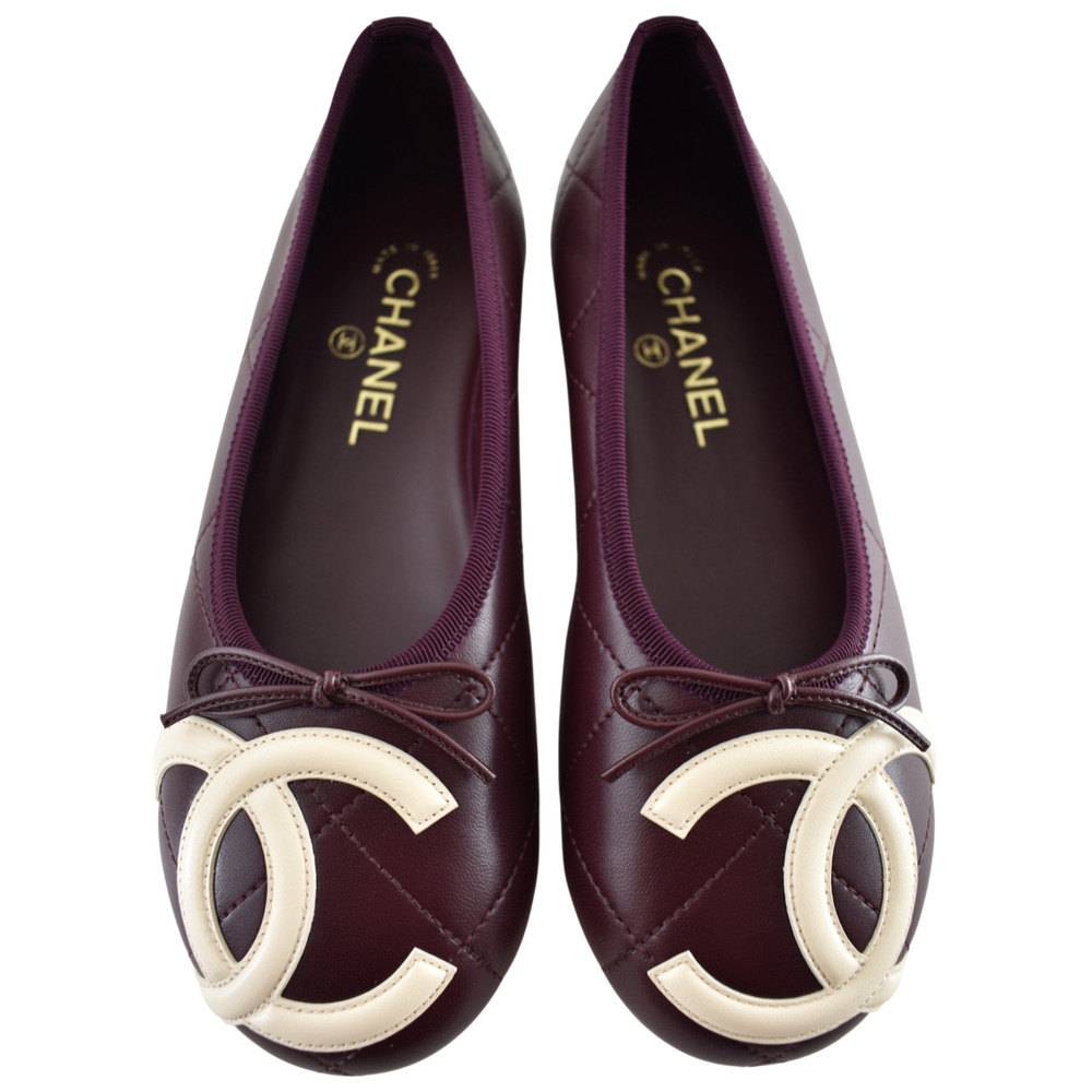 Chanel 26M Coco Beach Cambon Burgundy Red Ivory CC XL Ballet Ballerina Flat 37.5